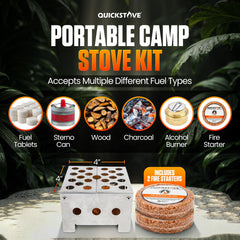 QuickStove multi-fuel stove offers flexibility with wood, charcoal, or tablets.