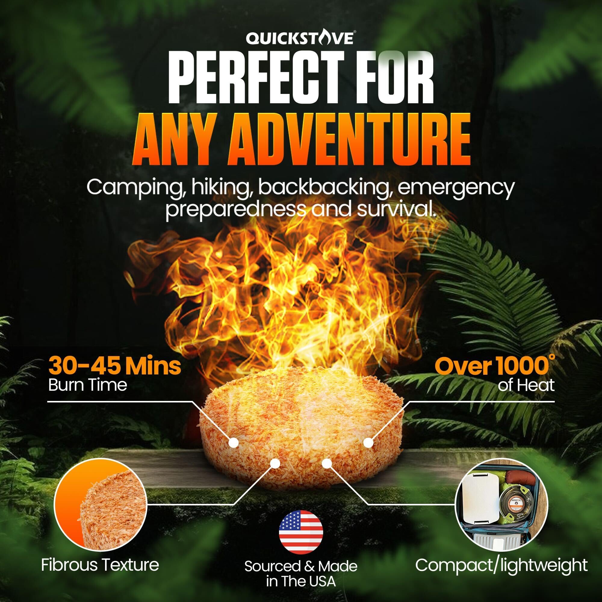 QuickStove waterproof fuel disks ignite in wet conditions for outdoor cooking