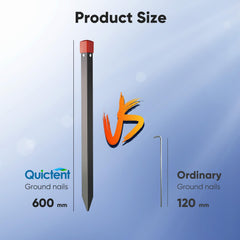 Quictent stake with red safety cap protects hands during setup.