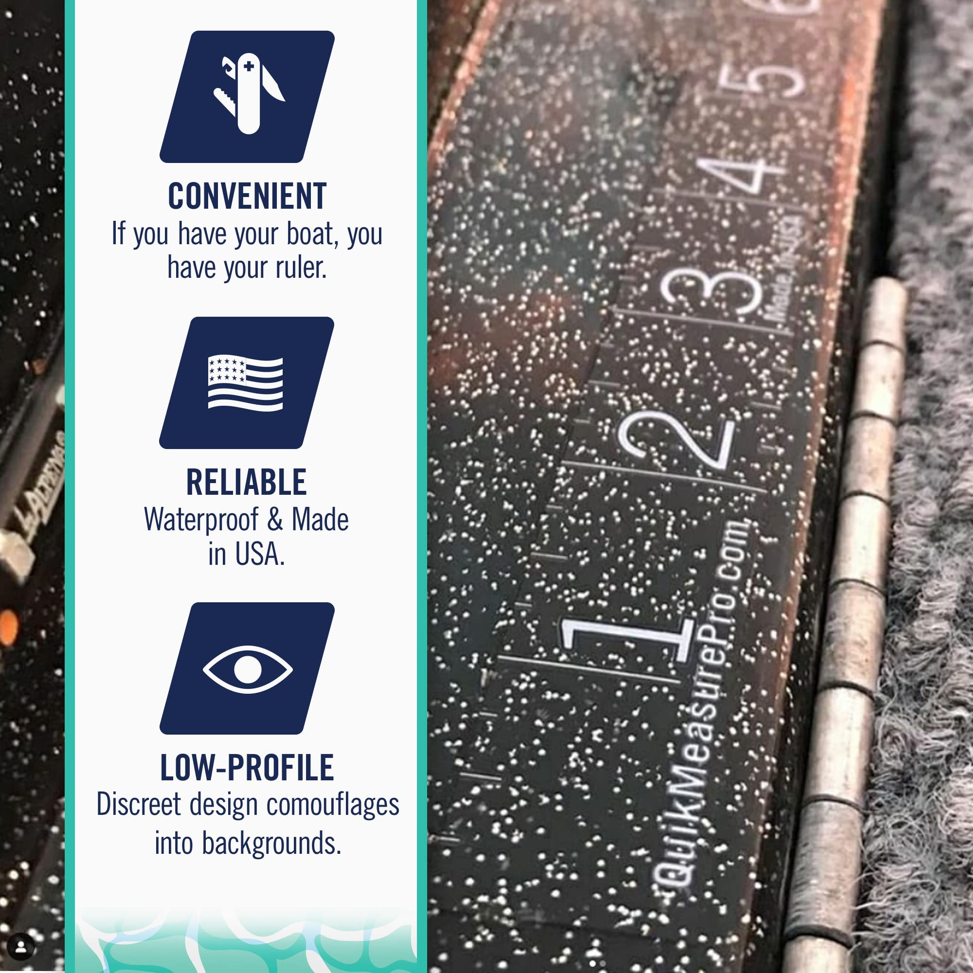 Quik Measure Pro waterproof self-adhesive ruler sticks firmly to smooth surfaces.