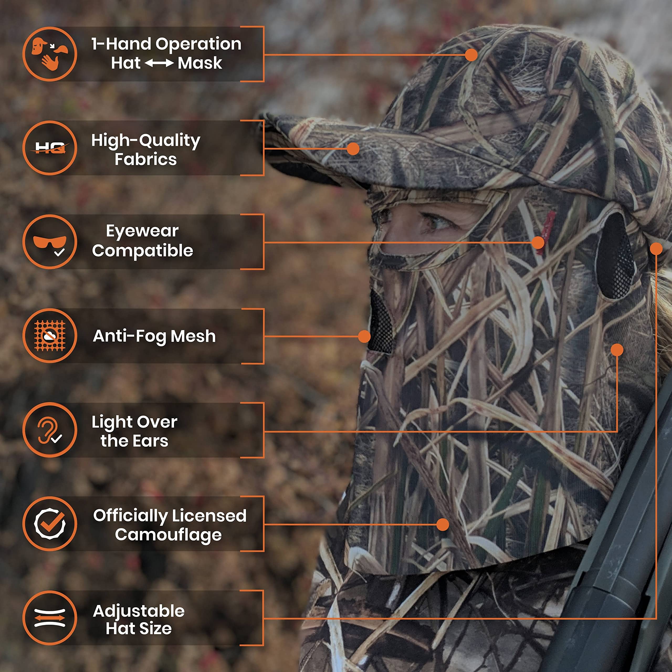 QuikCamo built-in face mask enables quick concealment during hunts