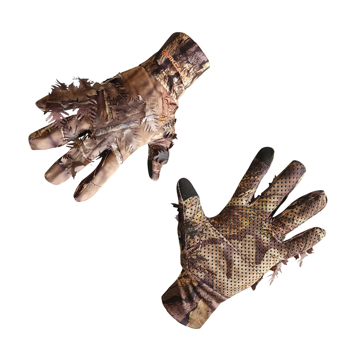 QuikCamo leafy camo gloves closeup thumb showing touchscreen compatibility for phones.