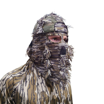 QuikCamo Mossy Oak Break-Up face mask hat front view for rapid concealment.