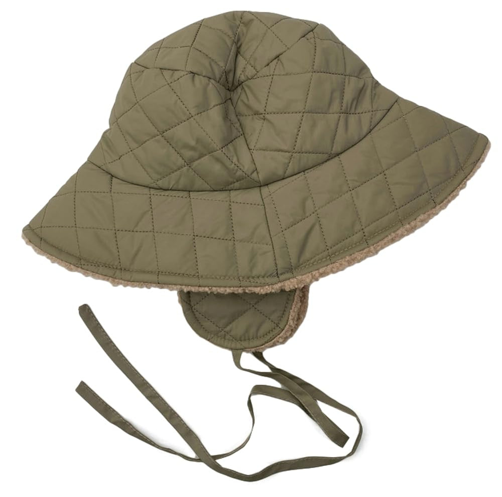 Green quilted bucket hat for women - earflap detail