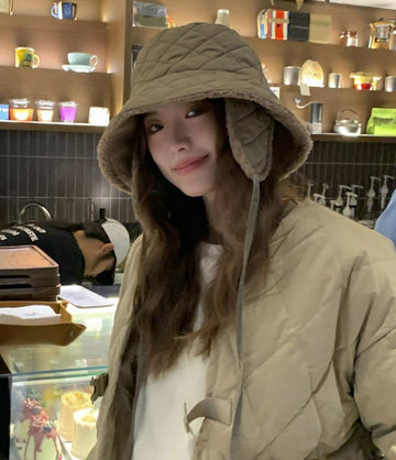 Green quilted bucket hat for women - side profile