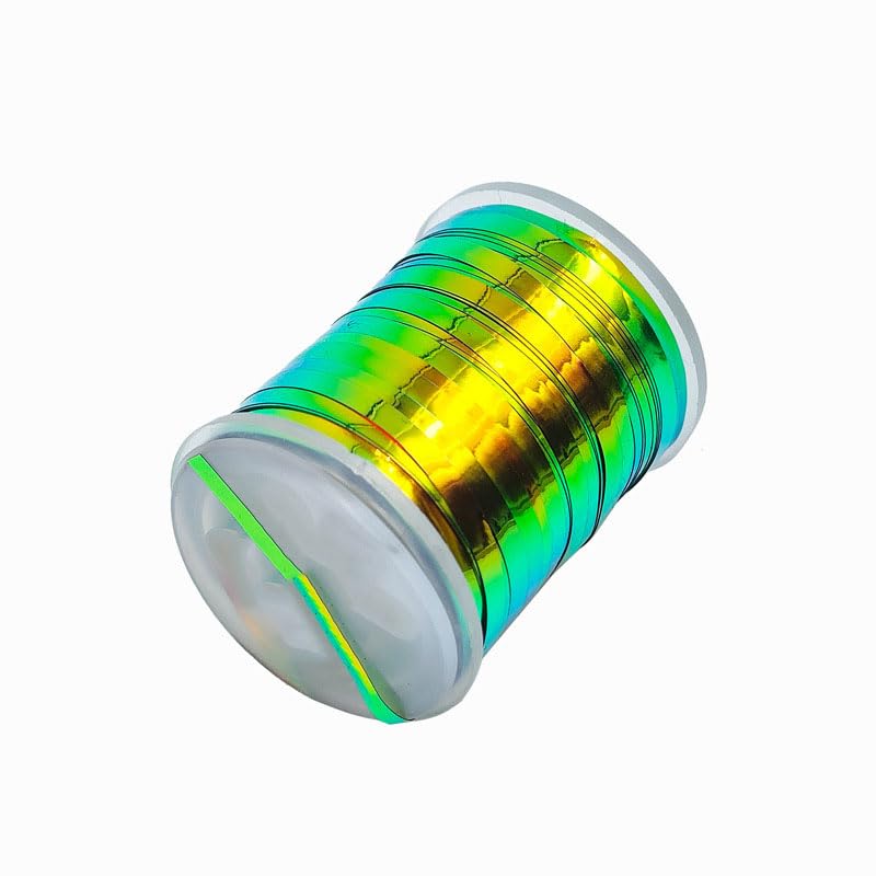 Quintathletic flat tinsel emerald green iridescent enhances color-shifting bodies for fly patterns.