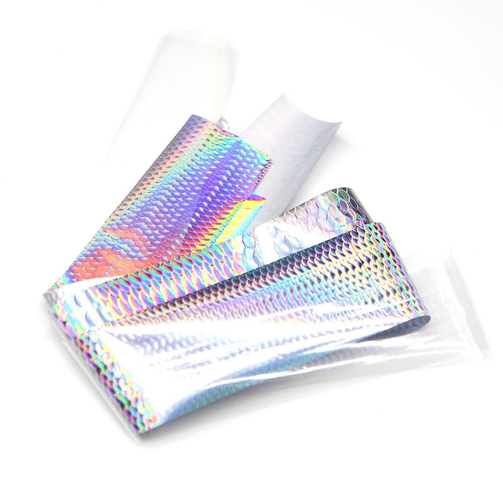 Quintathletic holographic fish scale foil for nails with rainbow reflections for eye-catching designs.