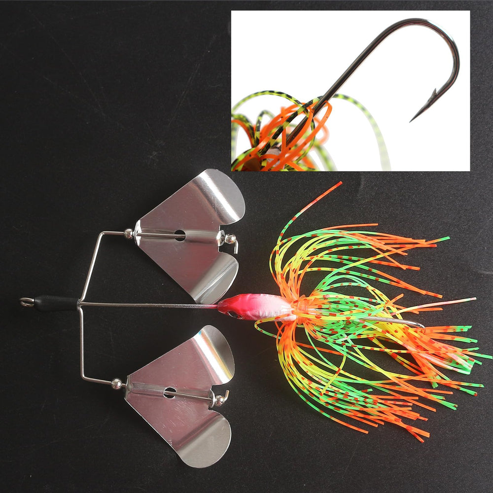 Quintathletic spinner bait with durable metal frame and sharp hooks