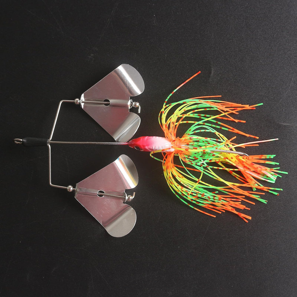 Quintathletic spinner bait pink-blue pattern attracts predatory fish