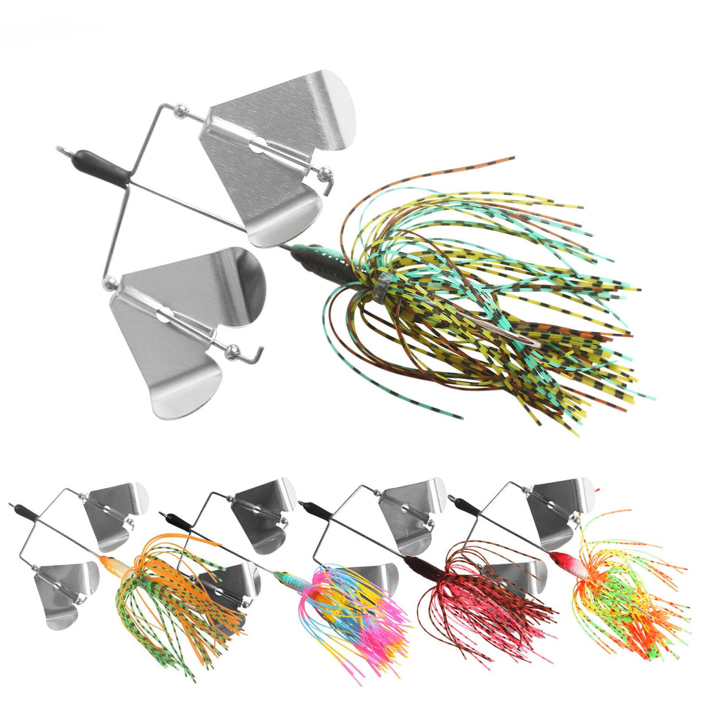 Quintathletic spinner bait with rotating blades delivering flash for bass in clear water