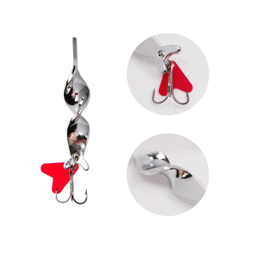 Quintathletic spinner spoon with sharp treble hooks for secure catches.