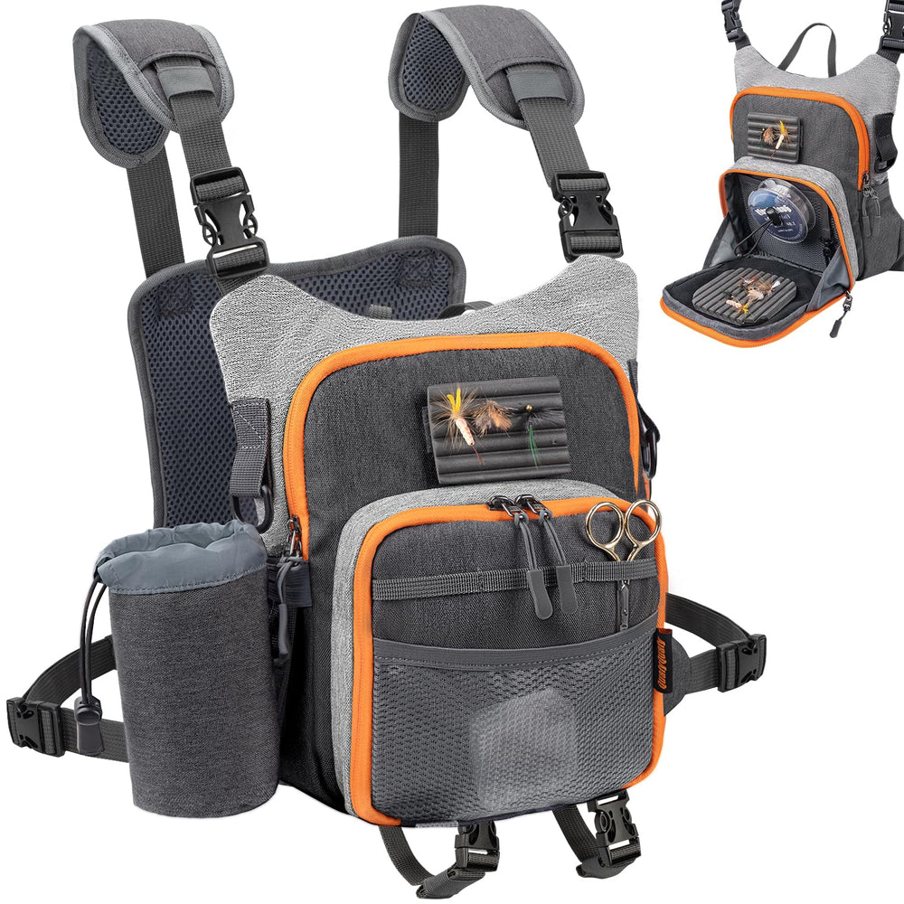 QulayQualy Fly Fishing Pack front view showing chest pack with workstation