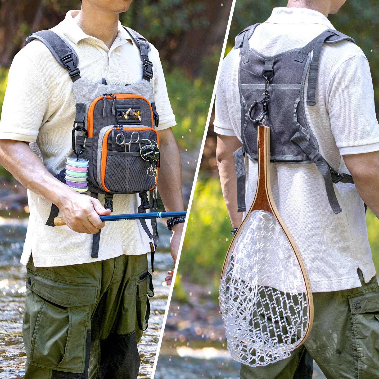 Compact lightweight chest pack for fishing and hiking on trail