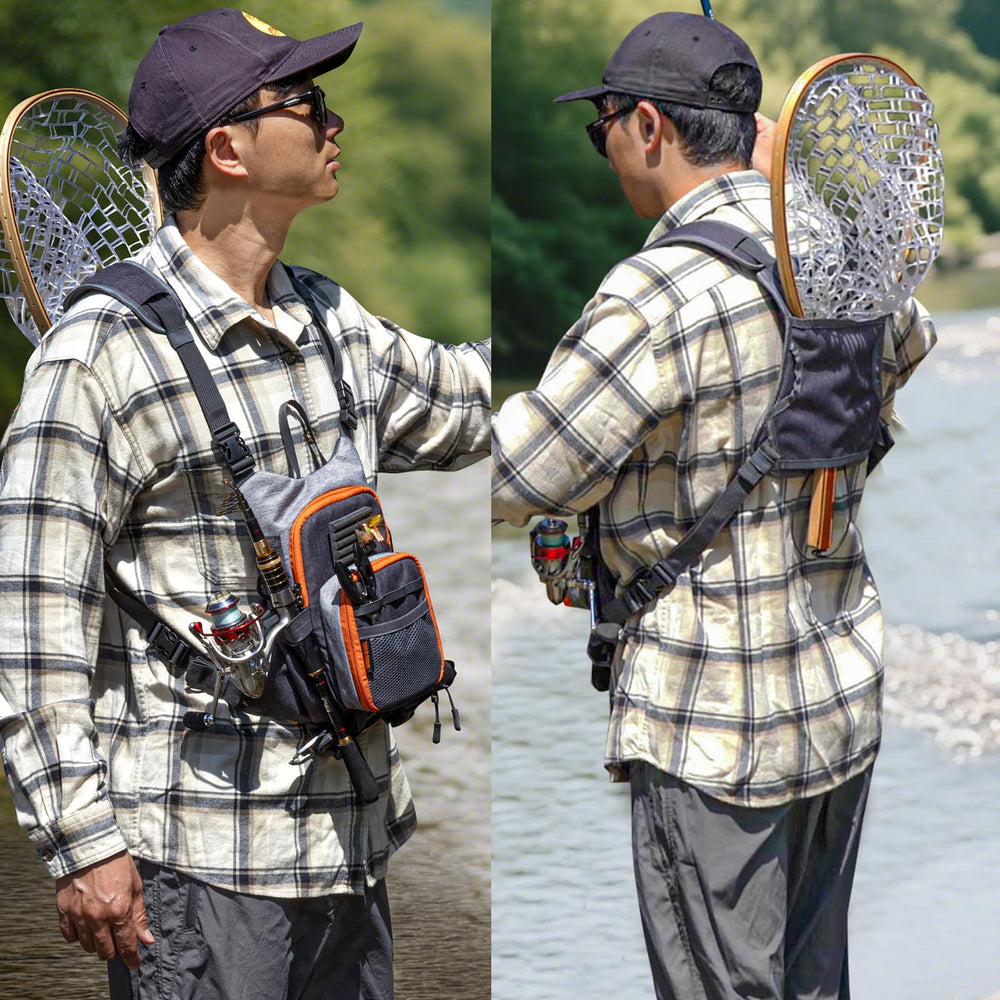 Angler using the QulayQualy chest pack in outdoor setting