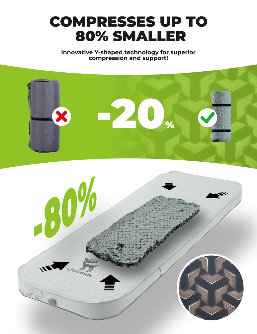 QUNATURE high R-value all-season camping pad blocks cold for comfort
