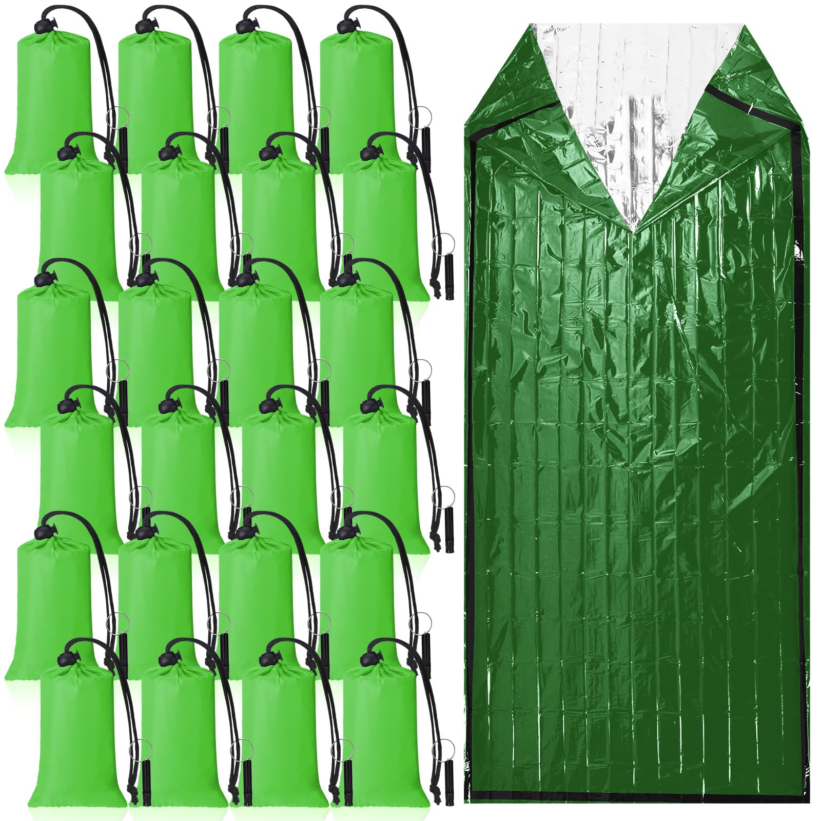 Qunclay 24-set emergency sleeping bag with hood extension in green offers quick warmth on hikes.