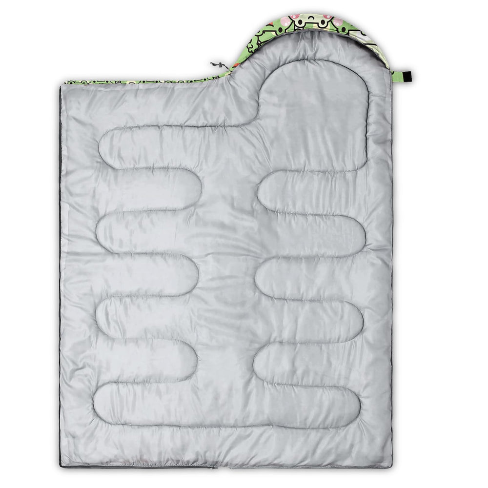 QOOMO frog sleeping bag measures 31x90 inches for adults and kids.