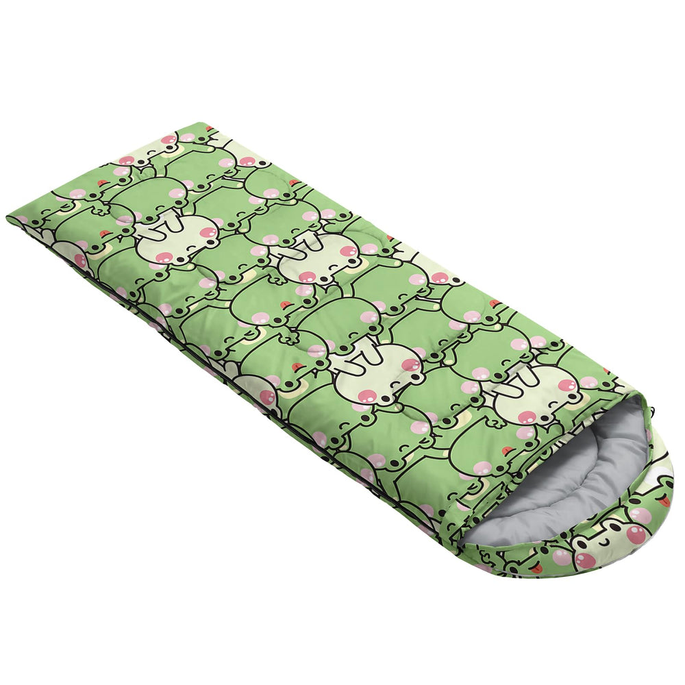 QOOMO frog sleeping bag in compact pack highlights travel-friendly portability.
