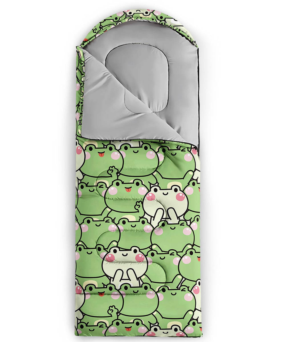 QOOMO sleeping bag features drawstring hood for secure warmth during nights.