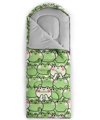 QOOMO sleeping bag features drawstring hood for secure warmth during nights.