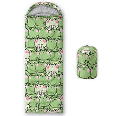 QOOMO cartoon frog sleeping bag shows waterproof outer fabric for damp outdoor use.