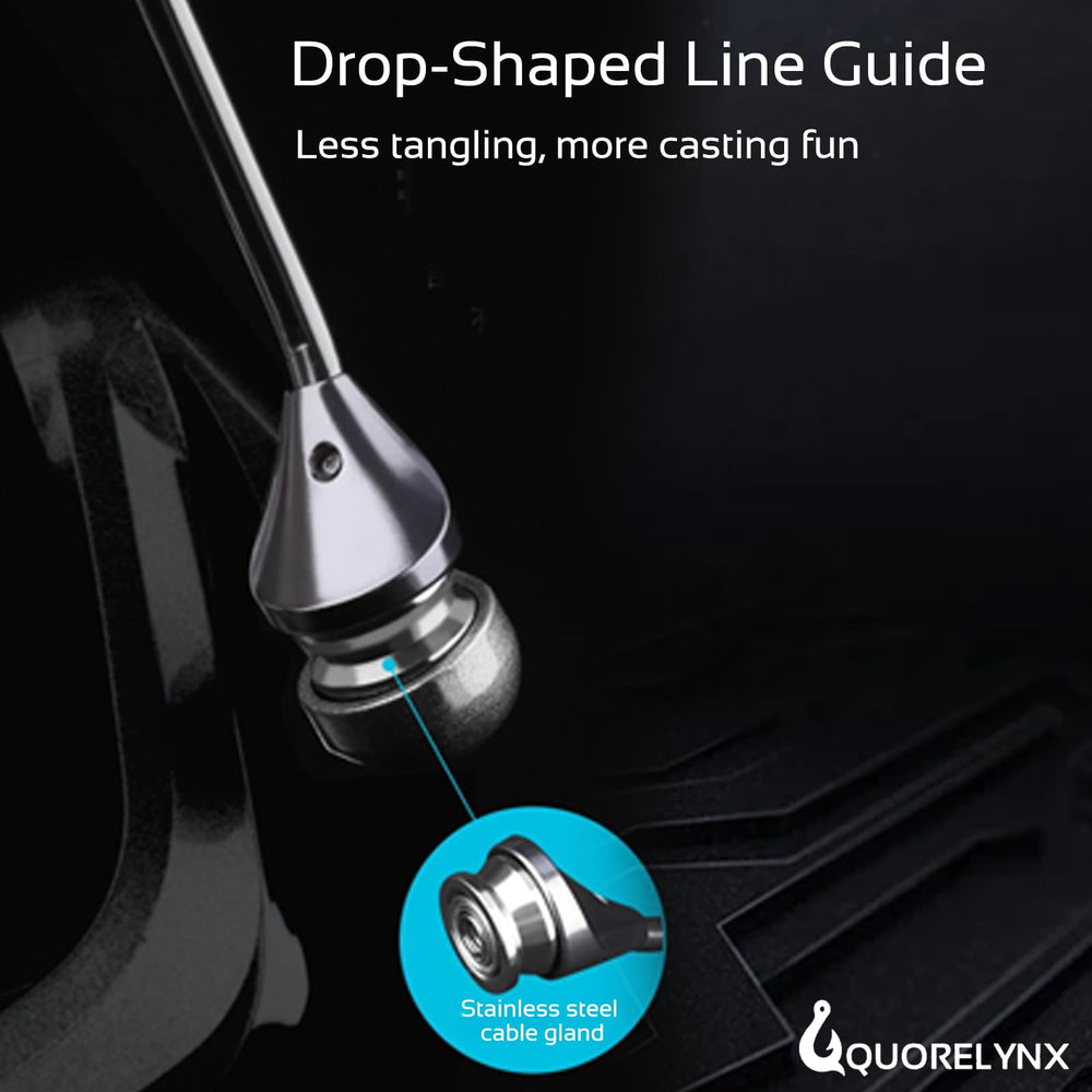 QUORELYNX 6mm stainless main shaft delivers steady retrieves.