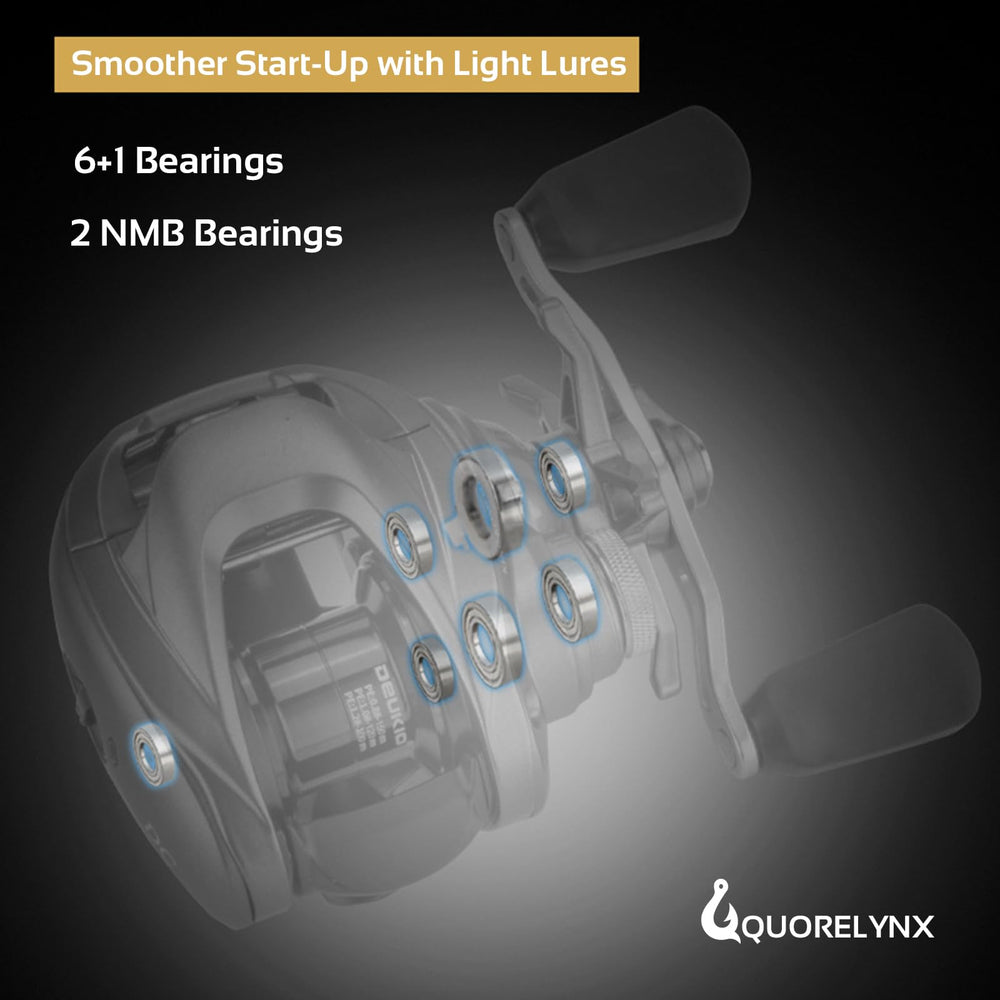 Quorelynx 6+1 stainless bearings provide smooth retrieves.