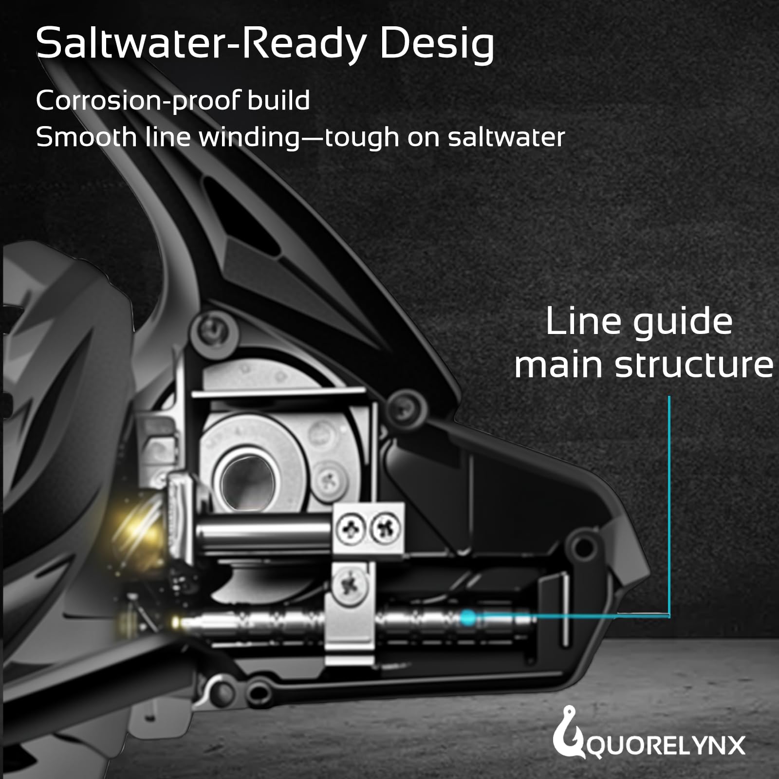 QUORELYNX drop-shaped line-guide ensures smoother casts and fewer tangles.