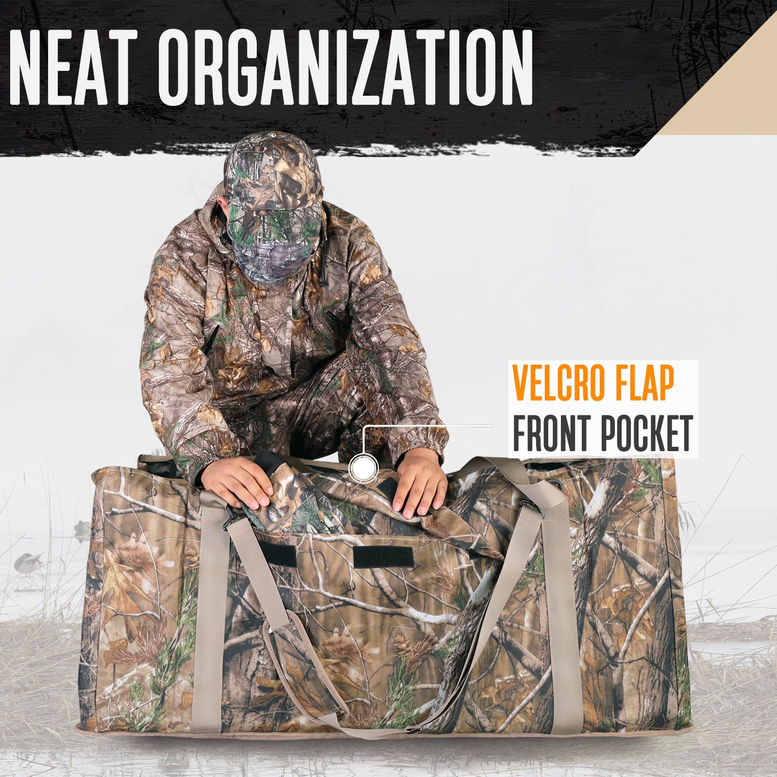 Quovexa decoy bag forest camouflage helps decoys blend into surroundings.