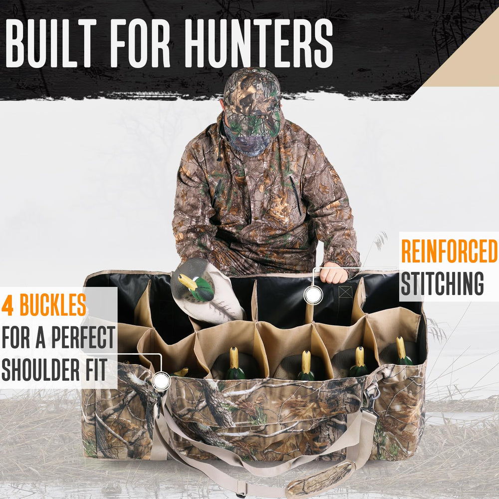 Quovexa decoy bag front pocket stores wings, poles, gloves for easy reach.