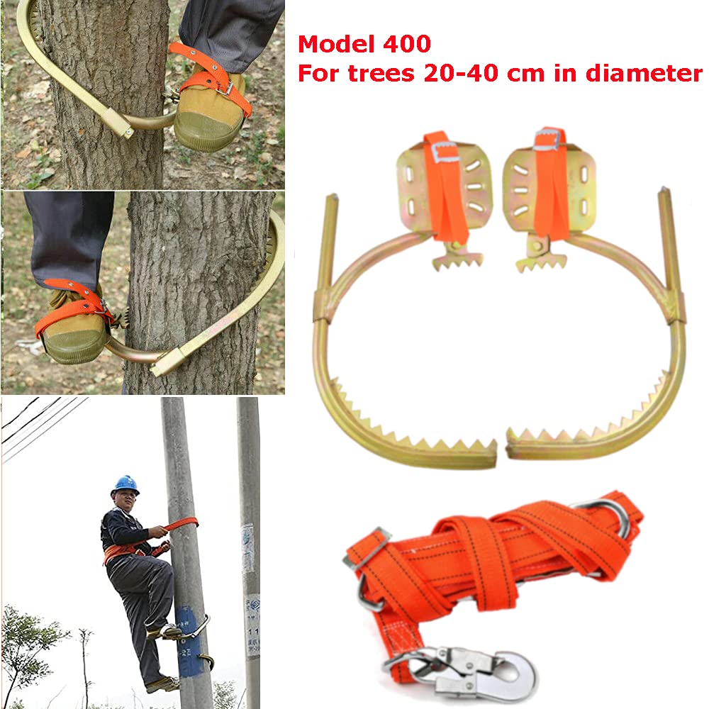 Qrenia tree climbing spikes showing adjustable foot buckle for different tree diameters.