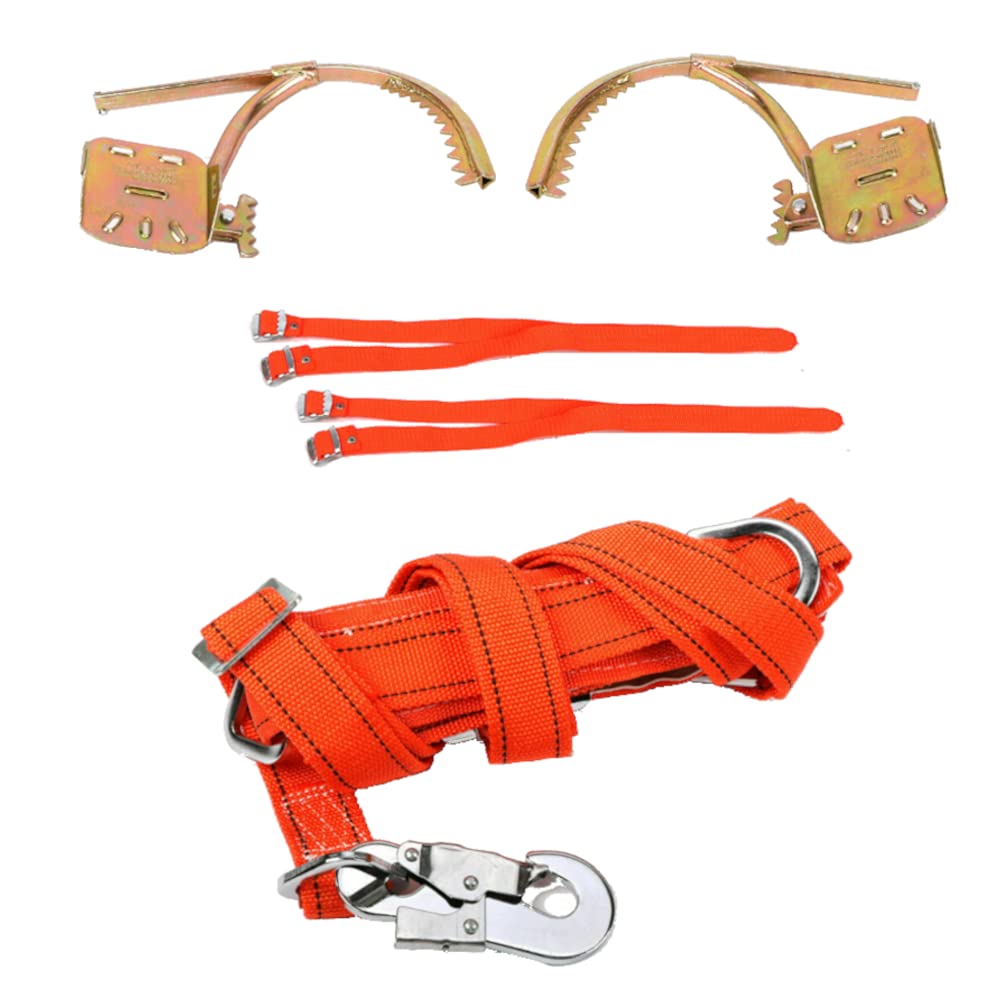 Qrenia tree climbing spikes package includes belt and two foot straps for setup.