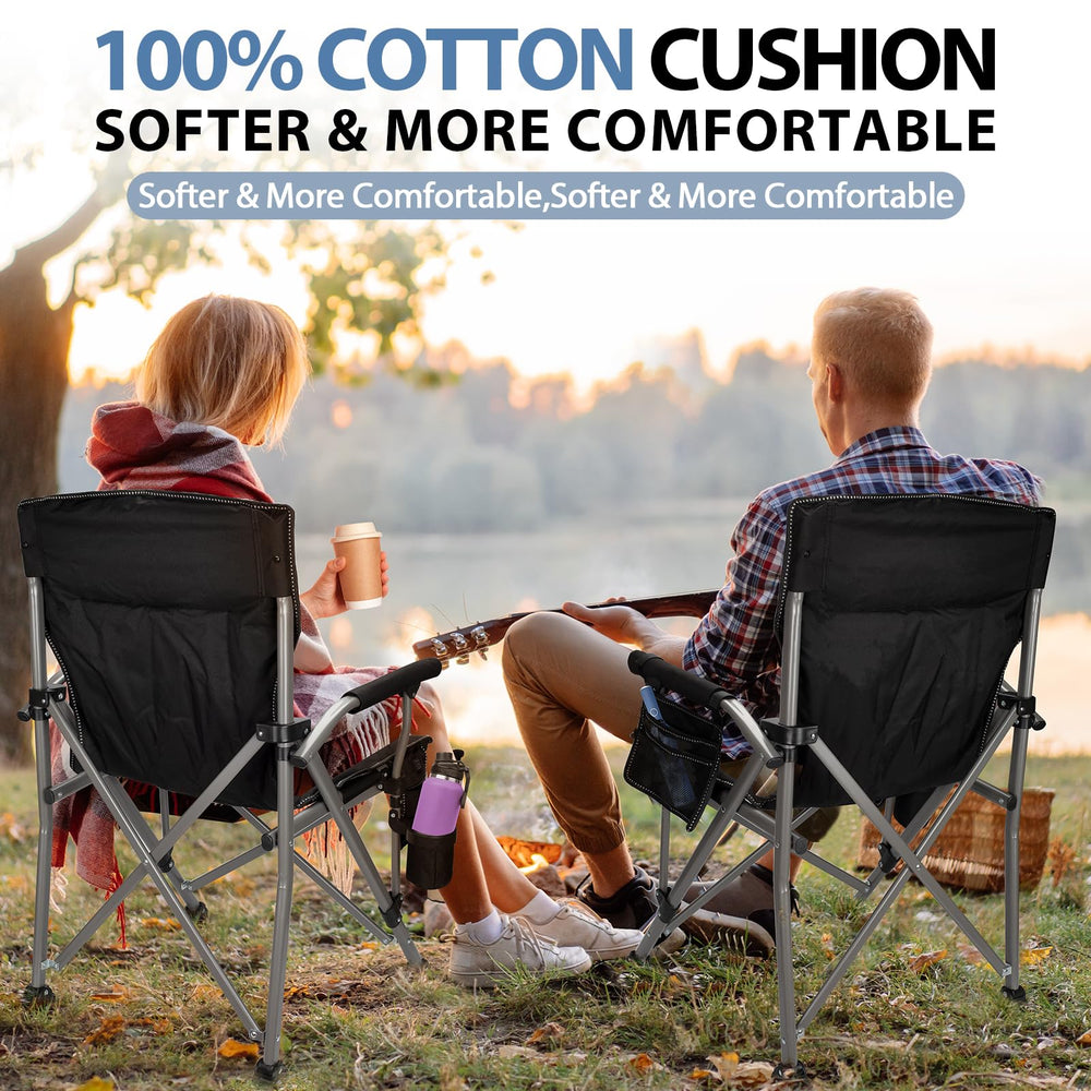 QUYUAN camping chair features drink holder and mesh pockets for essentials.