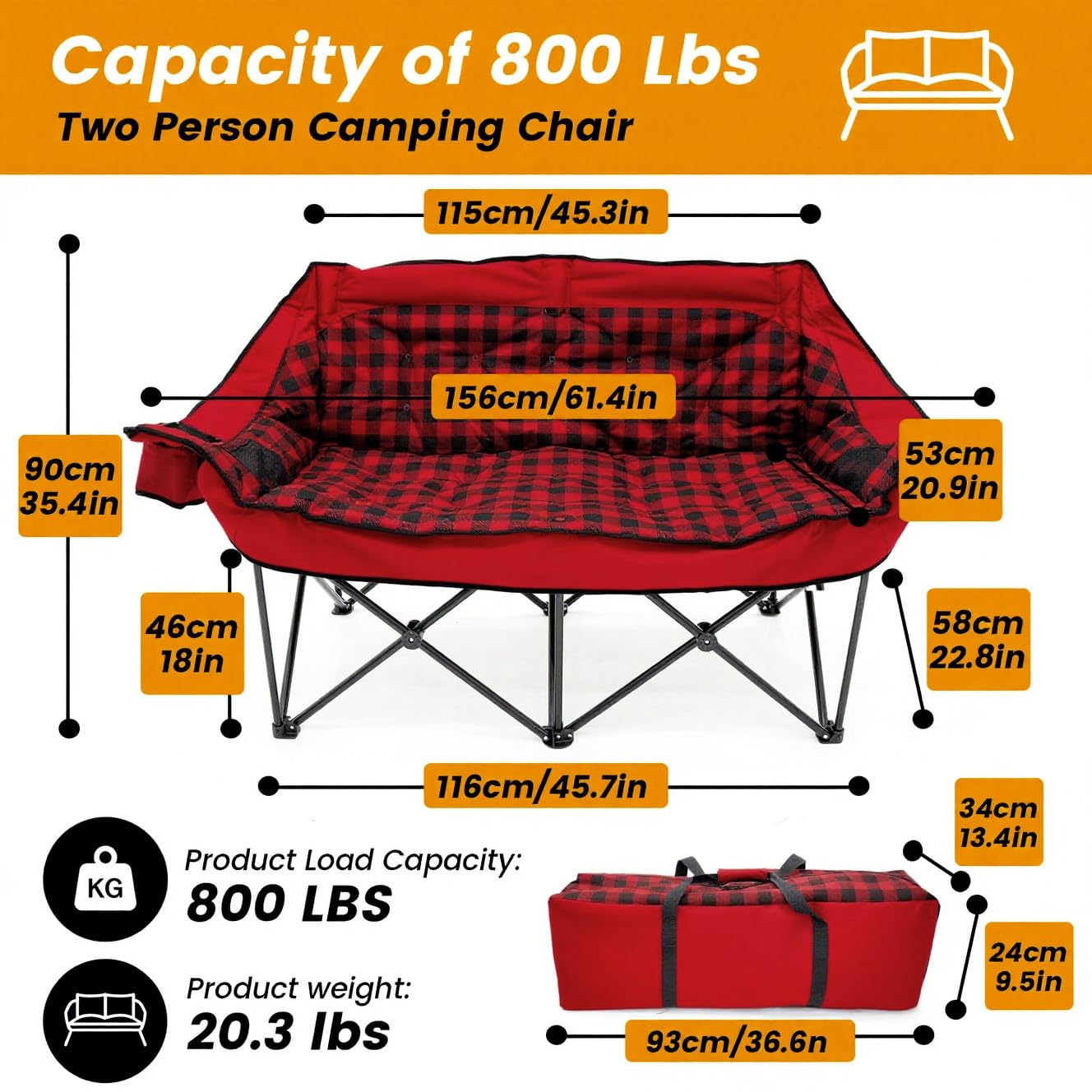 QUYUAN double seater camping chair front view highlights oversized seating for two