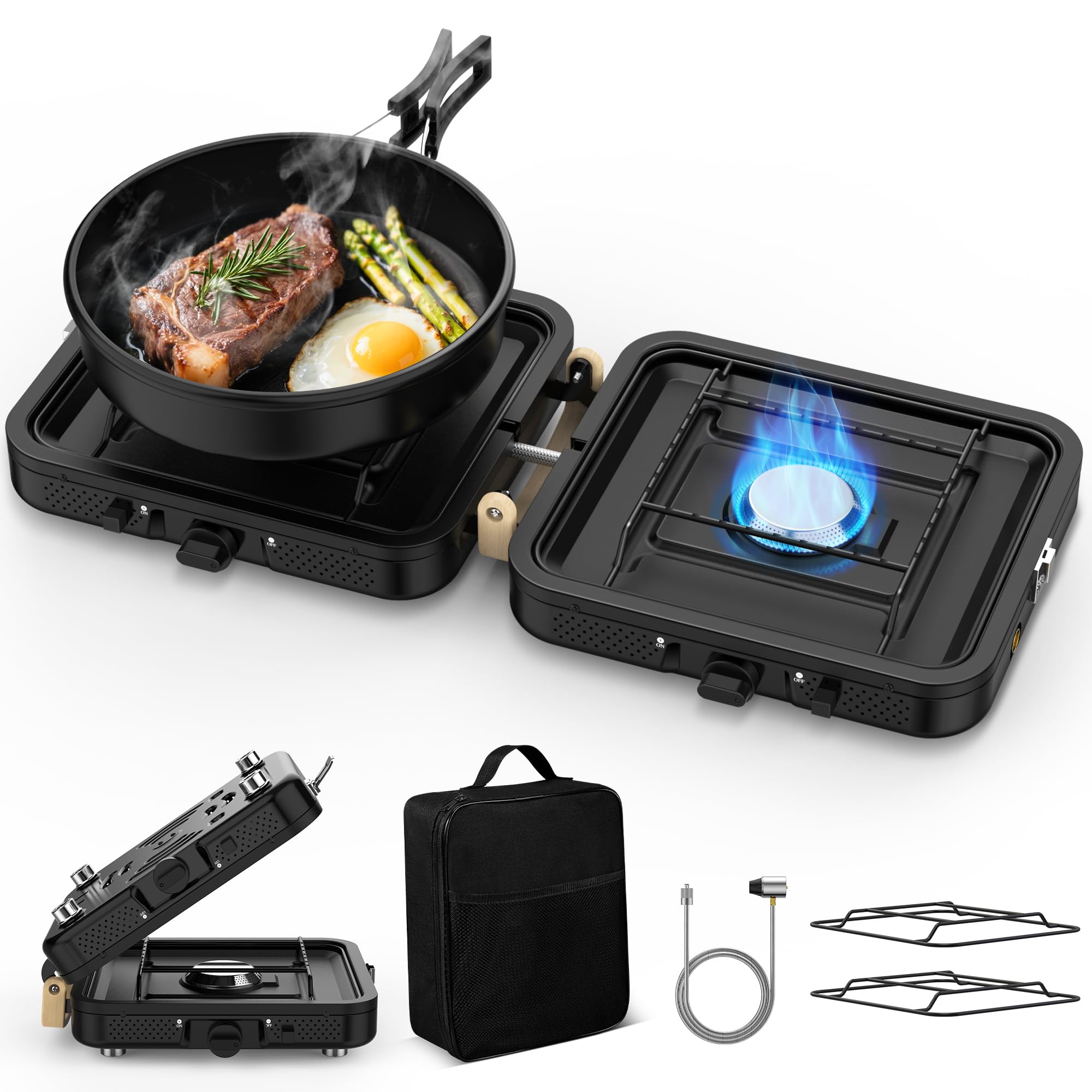 Qvamodo camp stove propane dual burners enable efficient outdoor cooking with two pans.