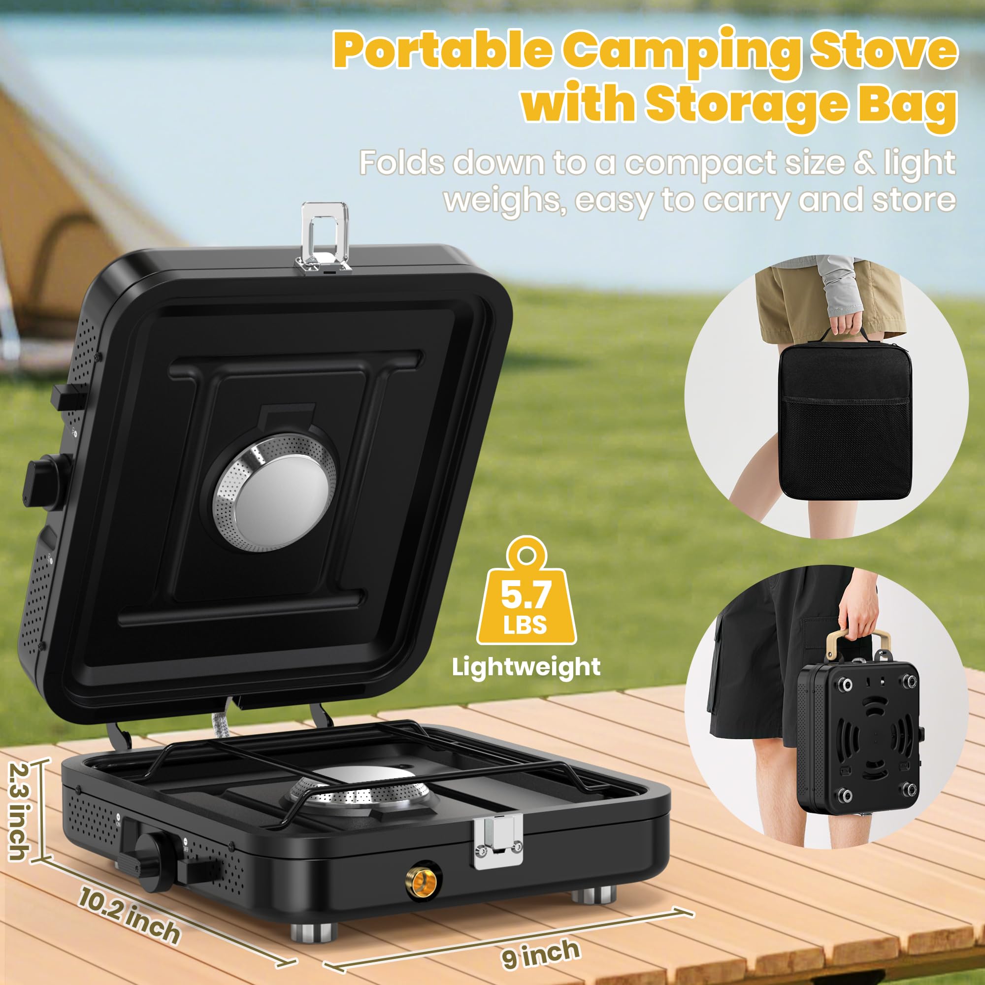 Qvamodo camp stove propane folding design compact for easy transport and storage.