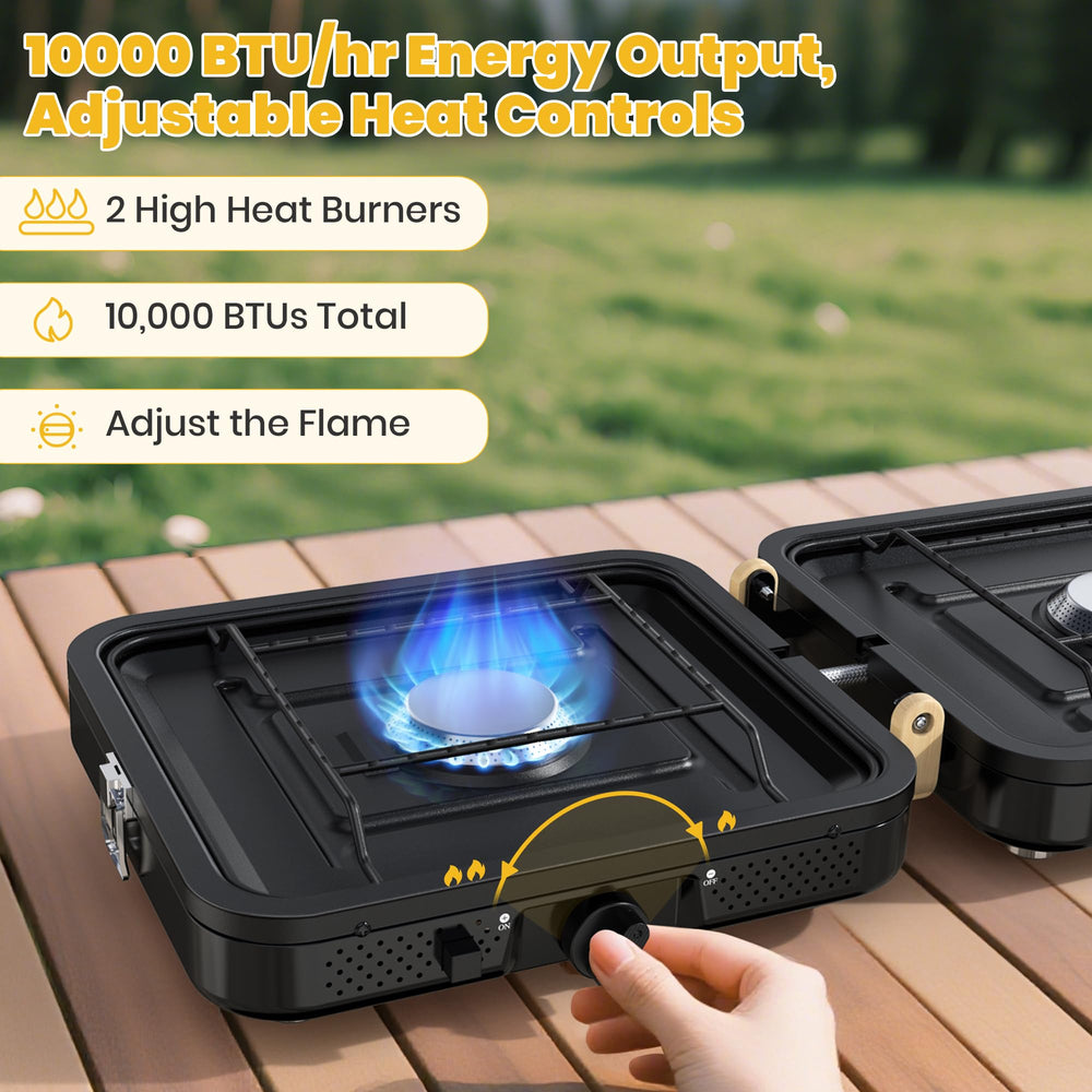 Qvamodo camp stove propane 10000 BTU heat output delivers fast, controlled cooking.