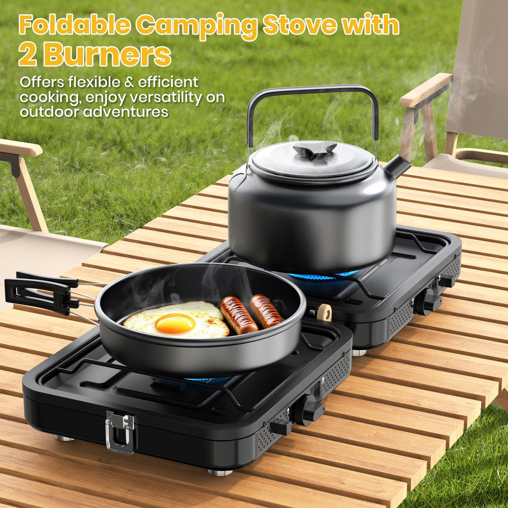 Qvamodo camp stove propane piezo ignition provides quick start without matches.
