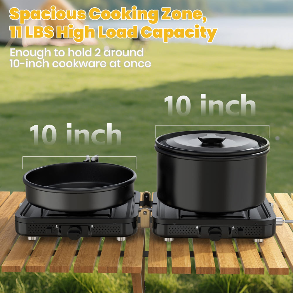 Qvamodo camp stove propane spacious cooking zone fits two 10-inch pans.