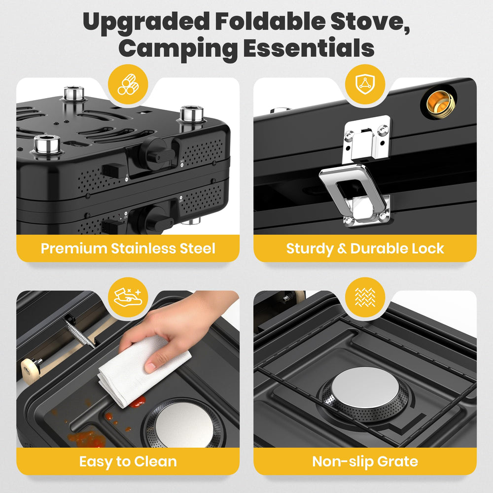Qvamodo camp stove propane wind-resistant performance ensures stable flames outdoors.