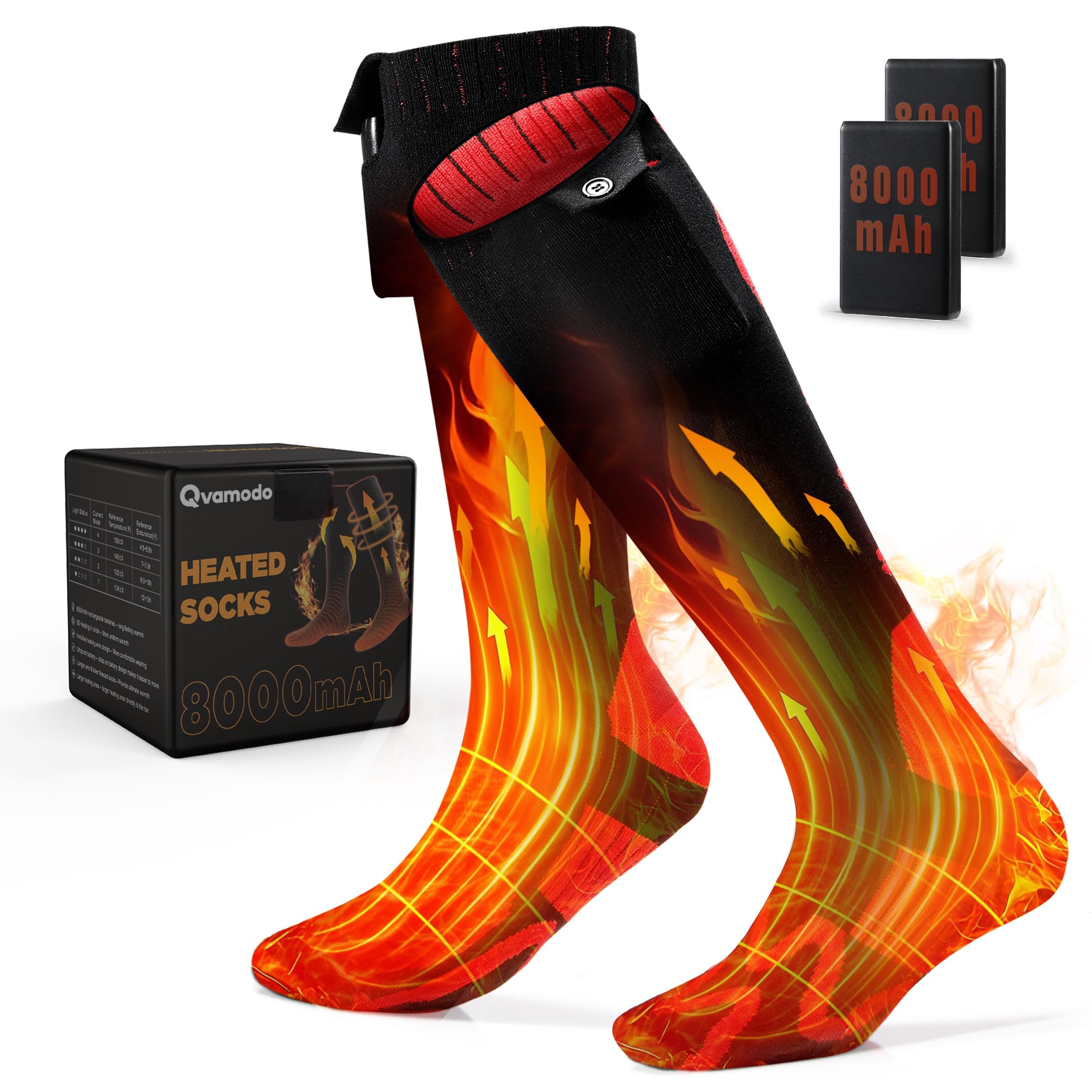 Qvamodo heated socks packaging shows all-day warmth for outdoor adventures.