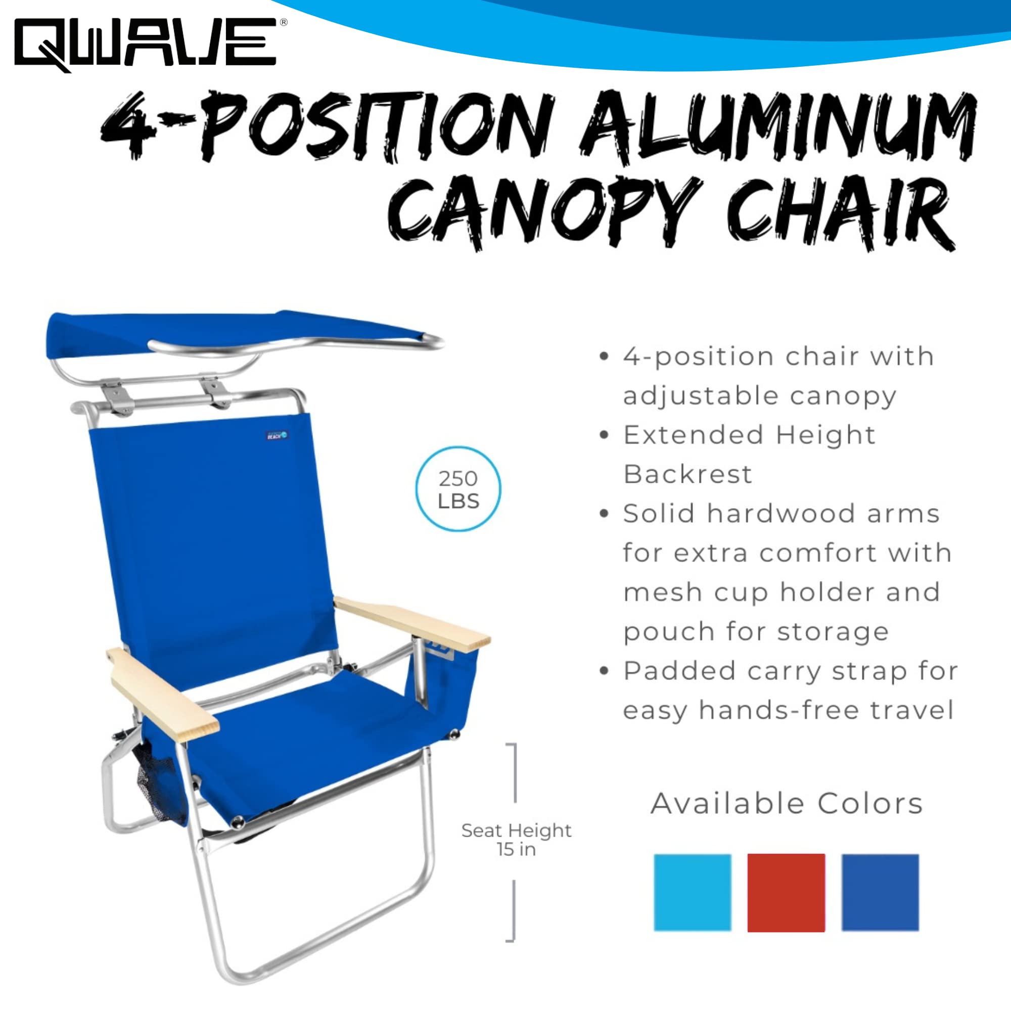 Qwave beach chair shows four reclining positions for customizable comfort.