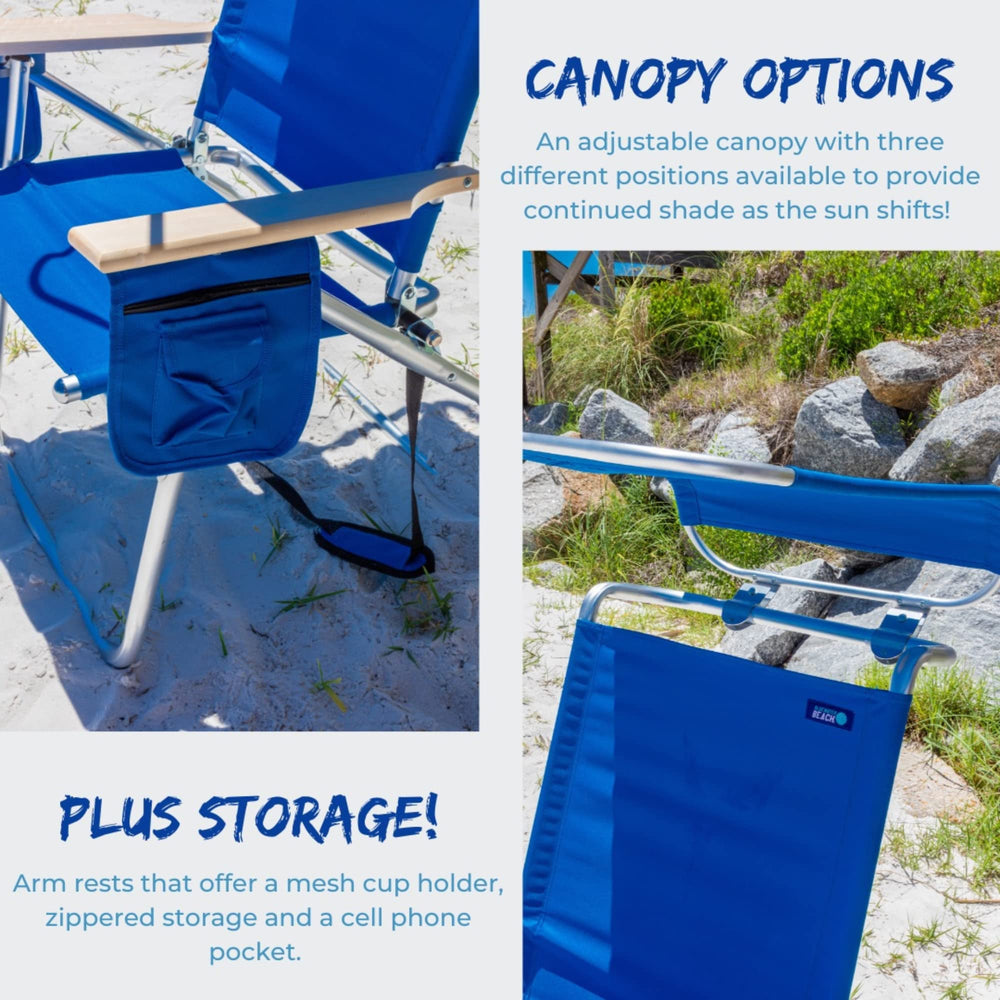 Qwave royal blue canopy chair highlights lightweight aluminum frame.