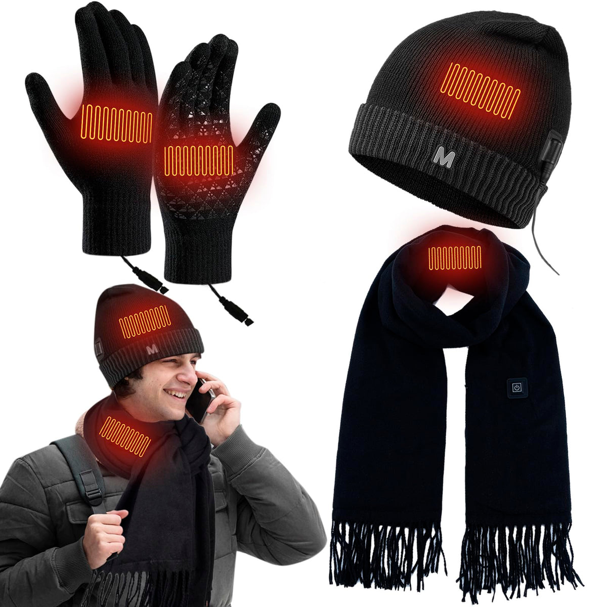 QZUnique heated hat on for instant warmth during outdoor winter activities.