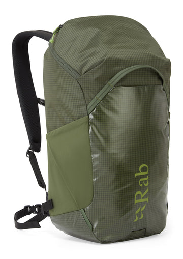 Rab Adrift 24 weatherproof coating on exterior for rain-ready hikes.