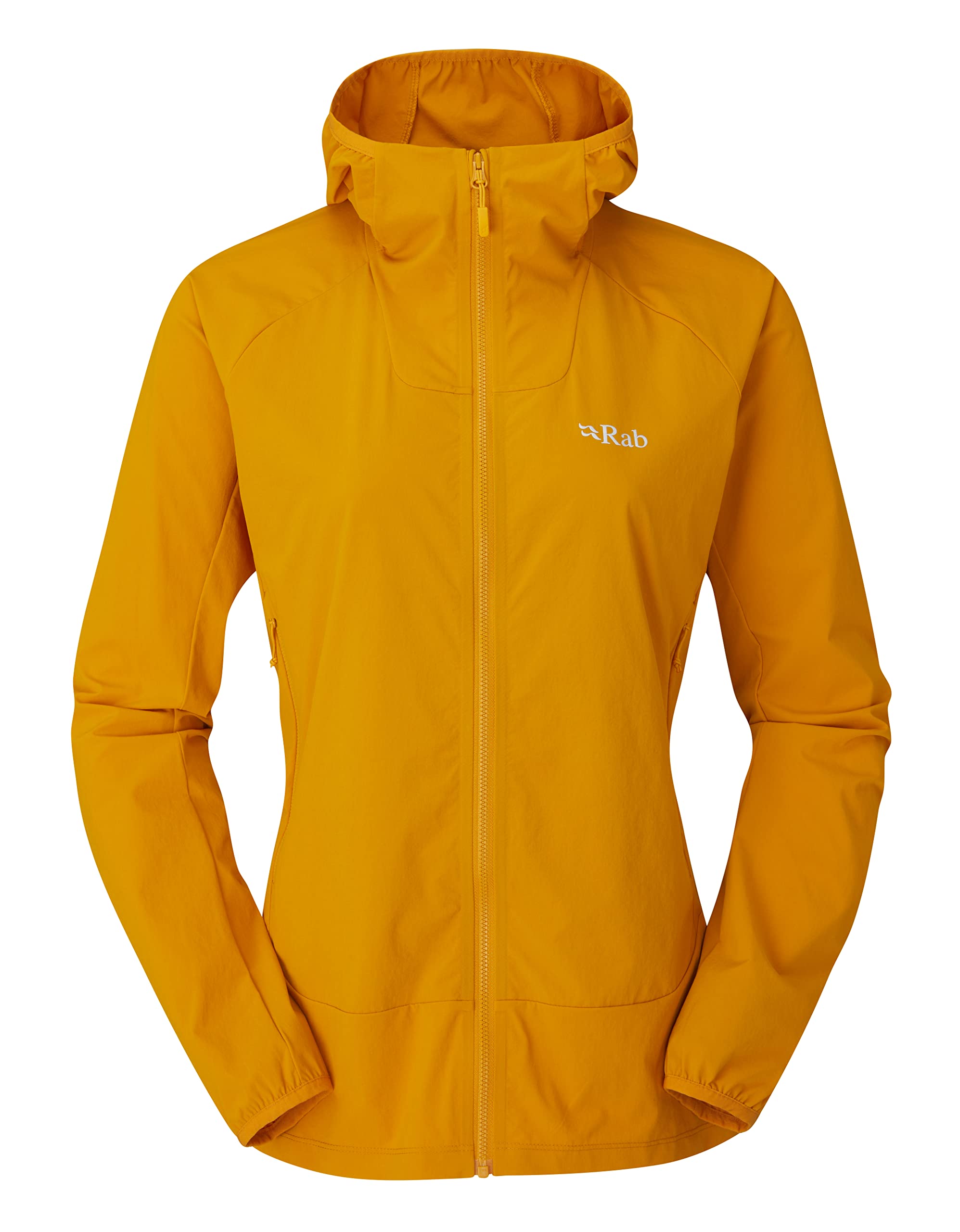 Rab Borealis Jacket front view in Marmalade shows a semi-fitted silhouette for easy layering