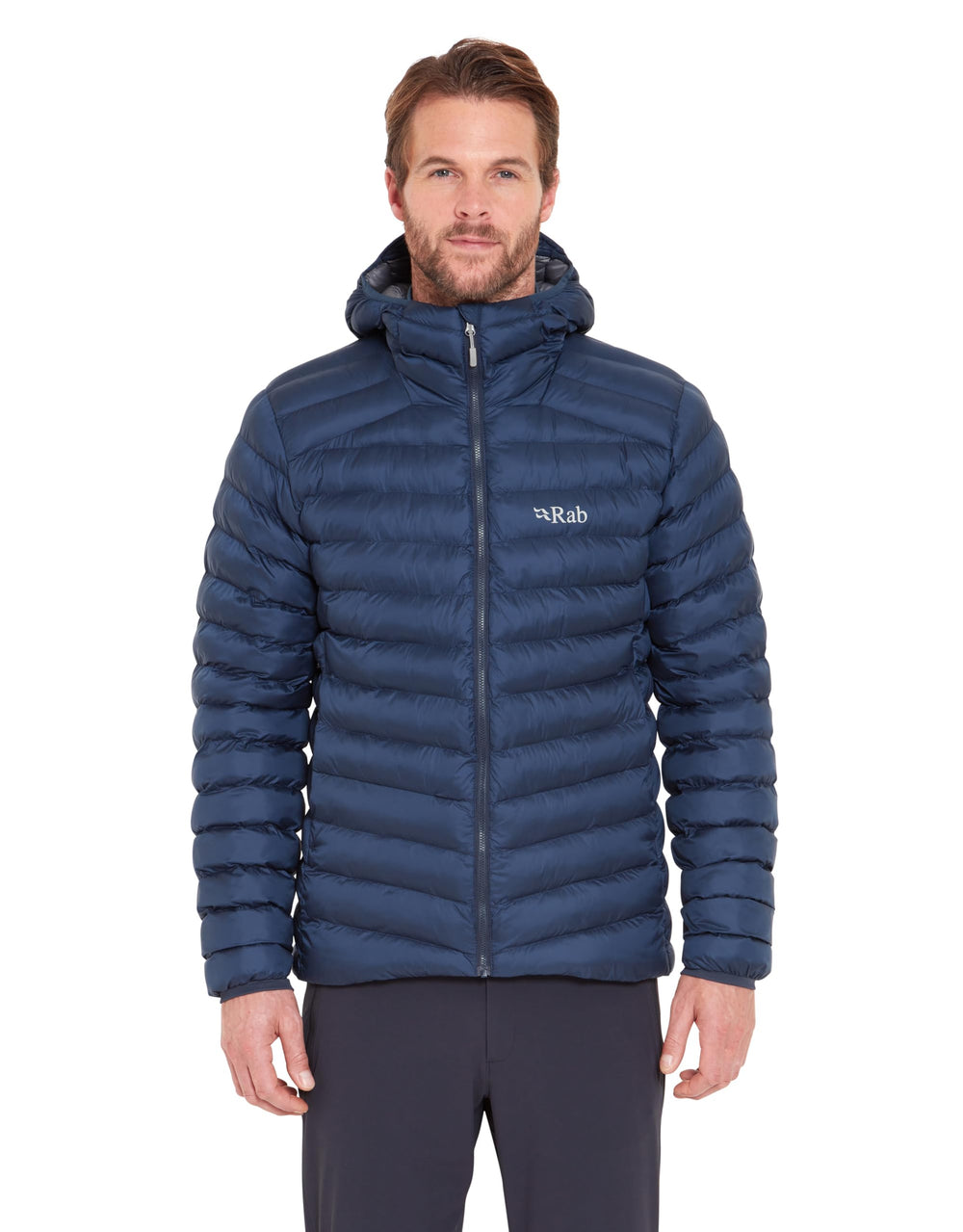 Rab Cirrus Alpine Jacket Tempest Blue packable in stuff sack for travel warmth.