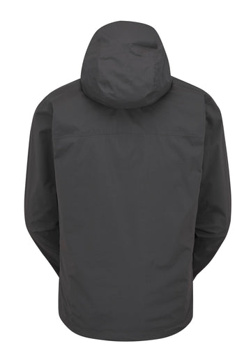 Rab Downpour Light Jacket shows adjustable mountain hood for reliable storm protection.