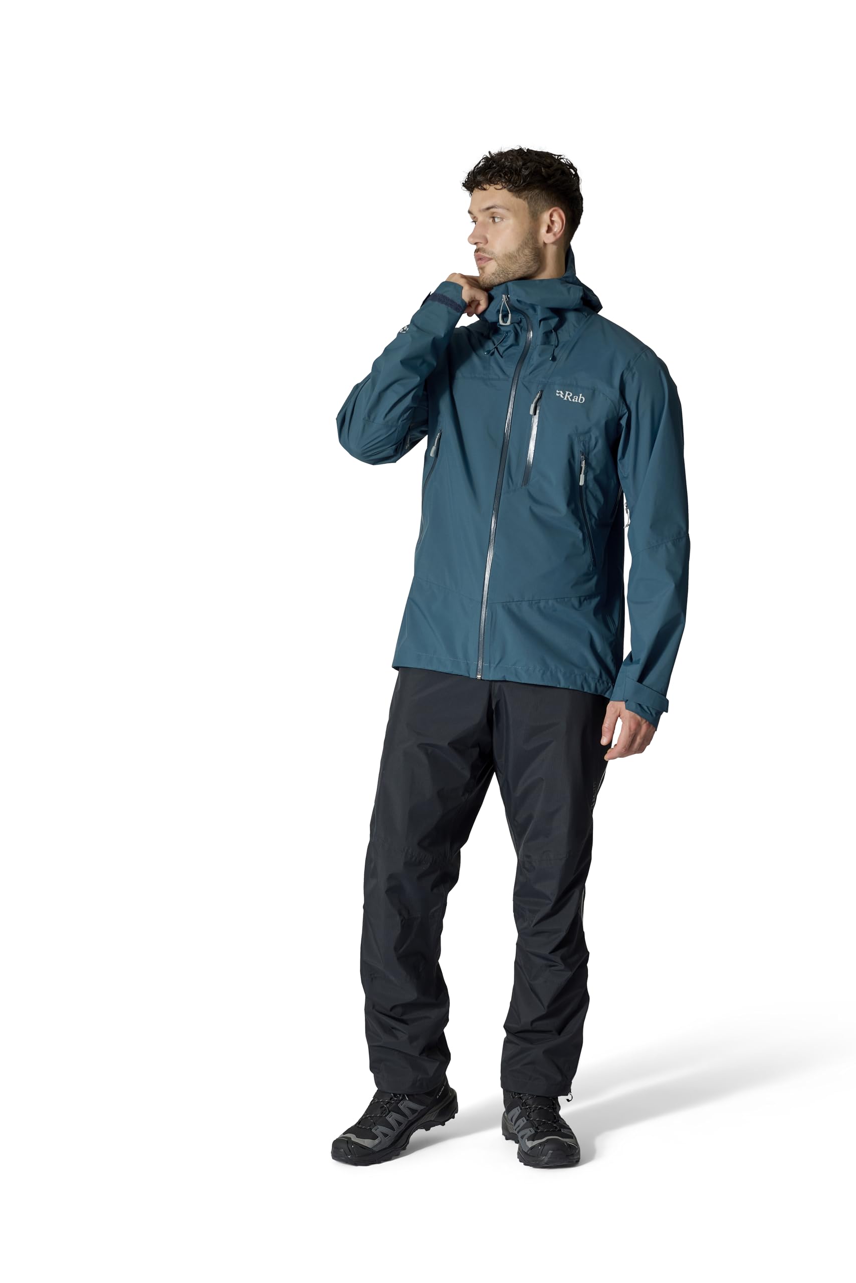 Rab Downpour Mountain Pants adjustable waistband highlights secure fit for long trail days