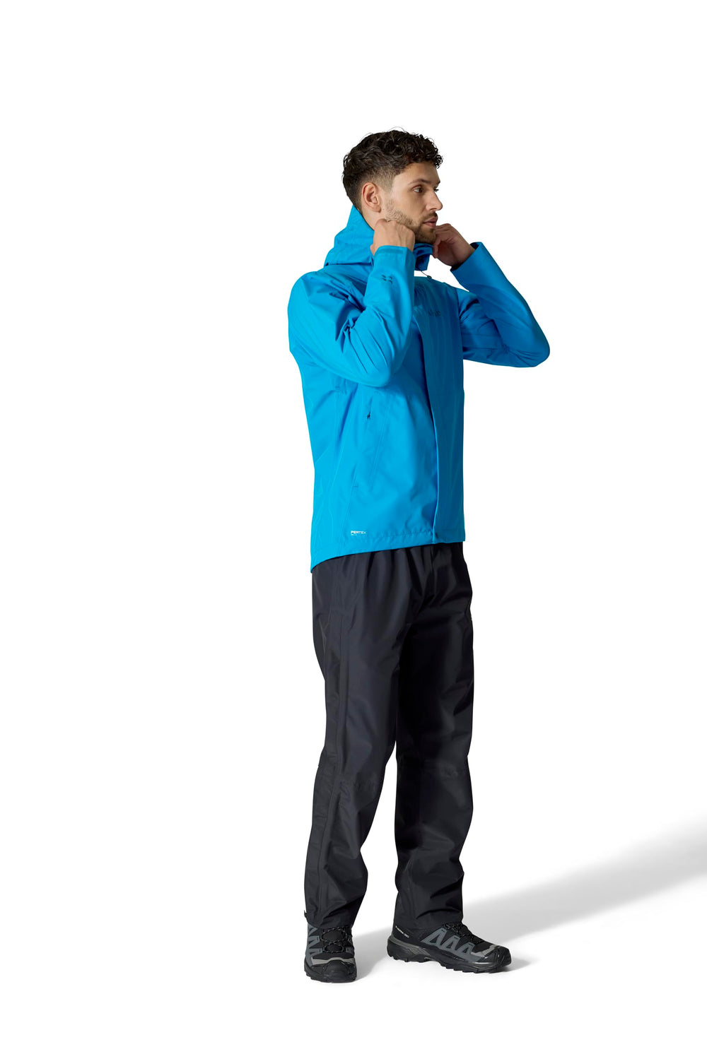 Rab Downpour pants side zip open demonstrates easy over-boot ventilation